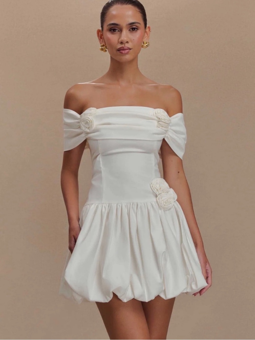 Meshki Ivory Off-Shoulder Rosette Bubble Hem Mini Dress